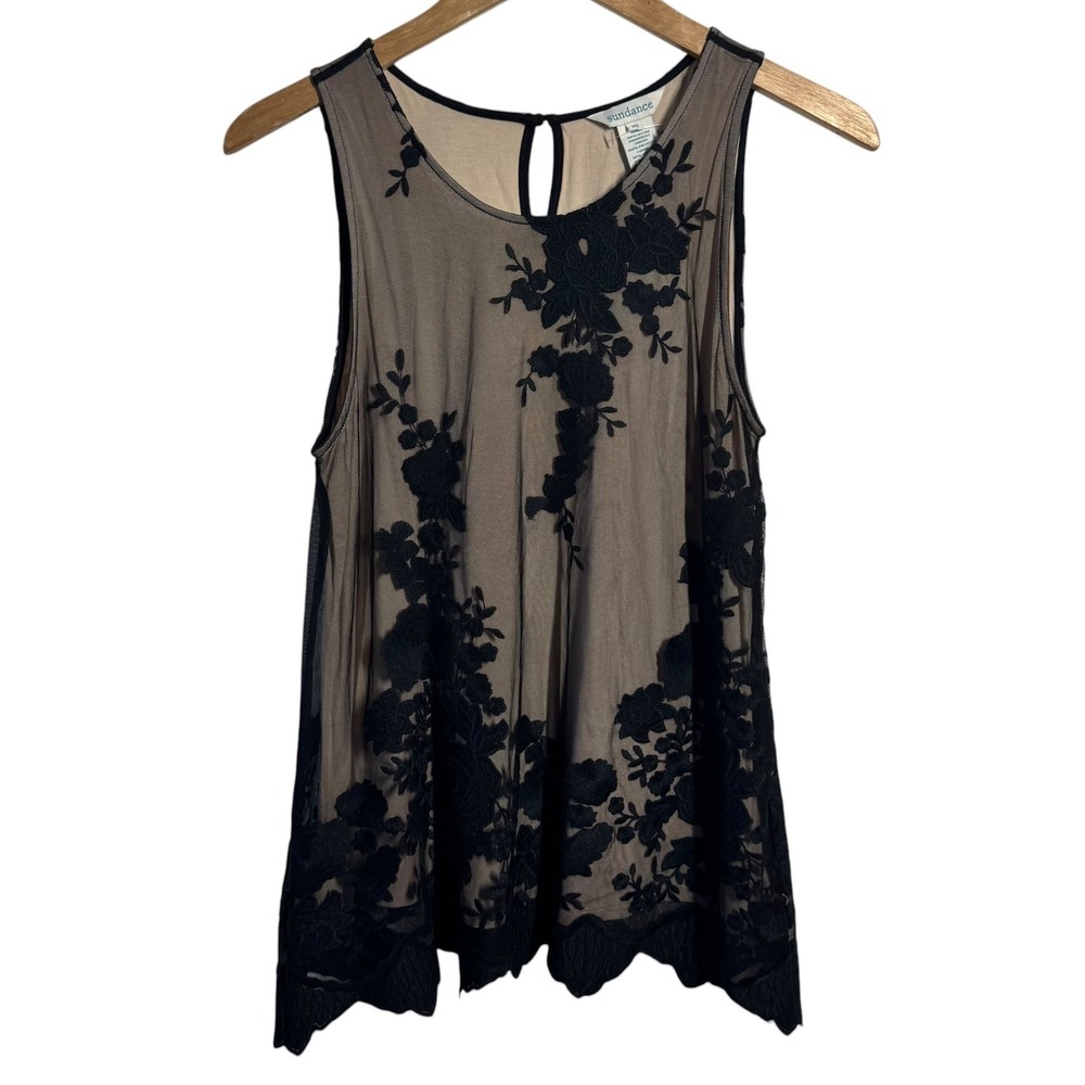 Sundance Womens XS Black Embroidered Mesh Floral Sleeveless Tank Top Tan Lining